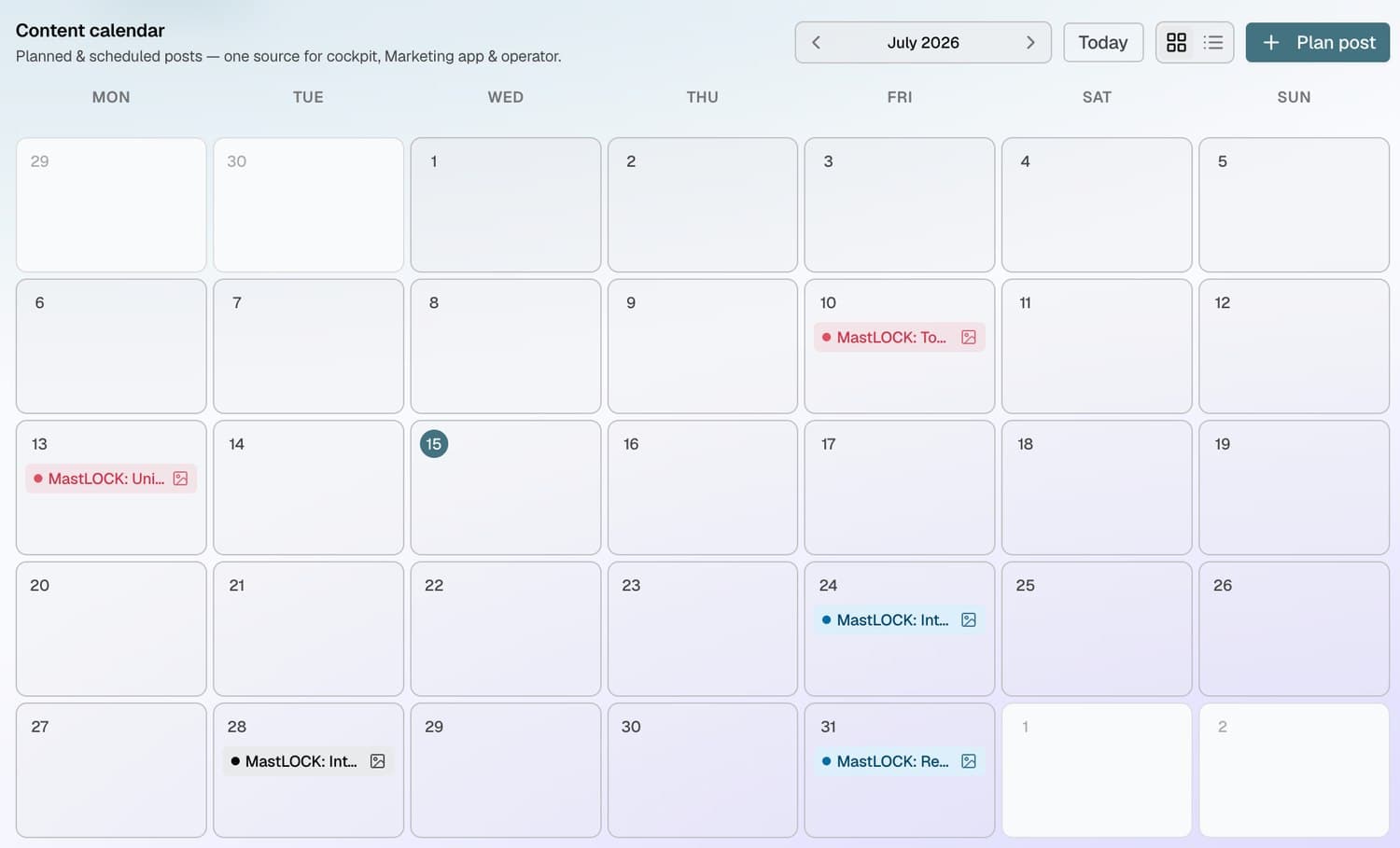 Dein CMO · Content-Kalender — Einmal geplant, automatisch veröffentlicht.