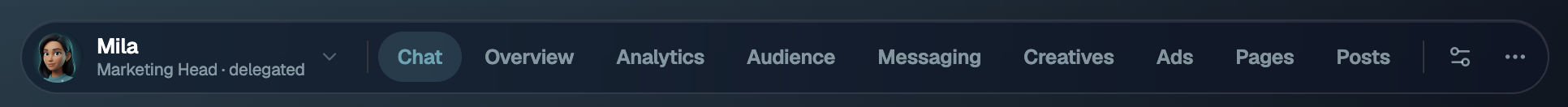 Flying bar above the chat with Mila, marketing head: Chat, Overview, Analytics, Audience, Messaging, Creatives, Ads, Pages, Posts.